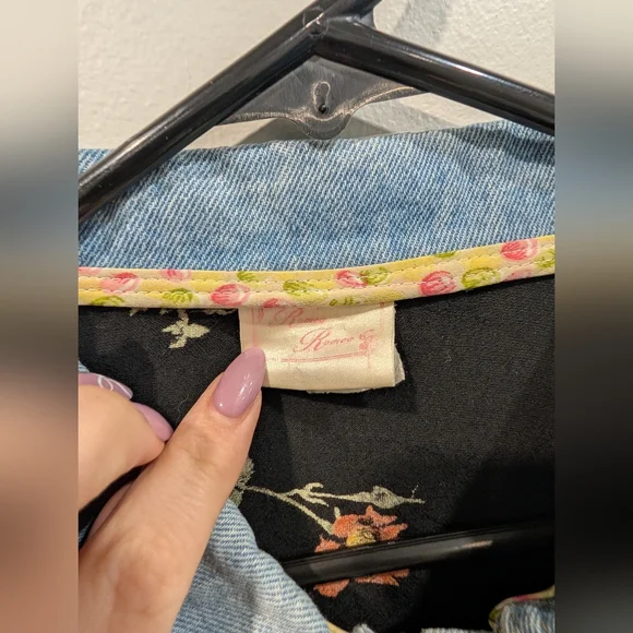 Vintage 90s Floral Rayon Blouse Denim Trim M - Picture 6 of 9